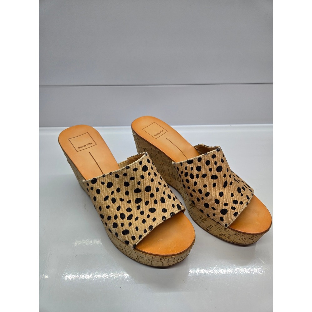 Dolce Vita Polka Dot Canvas Cork Wedge Sandals Tan Black Open Toe Mules Size 8